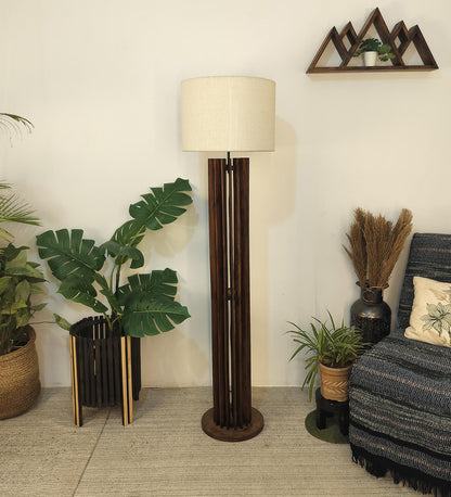 Dive Wooden Floor Lamp with Premium Beige Fabric Lampshade