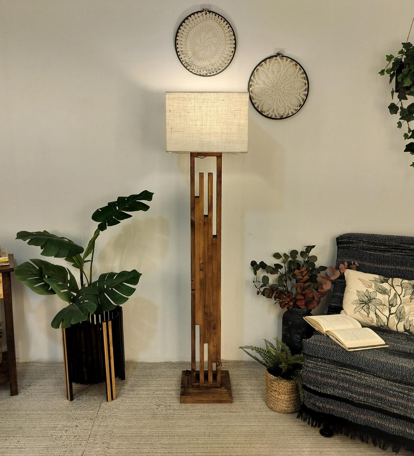 Heavy Wooden Floor Lamp with Brown Base and Jute Fabric Lampshade