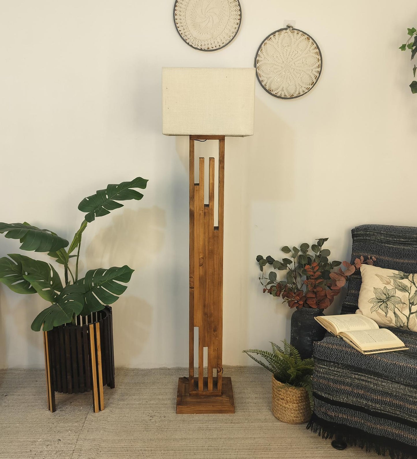 Heavy Wooden Floor Lamp with Brown Base and Jute Fabric Lampshade