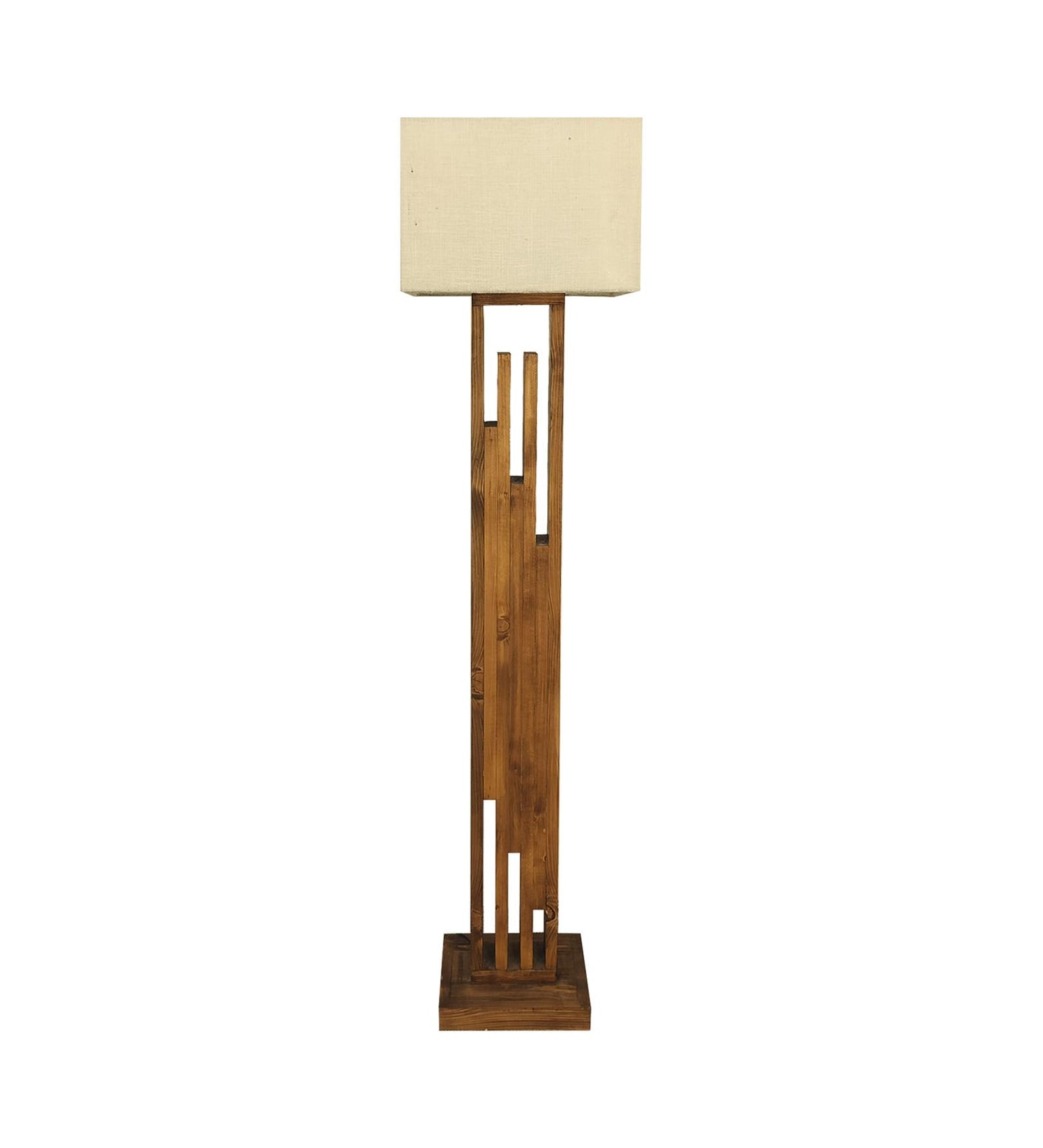 Heavy Wooden Floor Lamp with Brown Base and Jute Fabric Lampshade