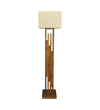 Heavy Wooden Floor Lamp with Brown Base and Jute Fabric Lampshade