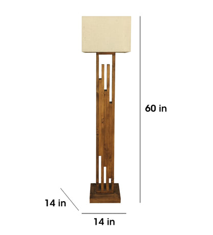 Heavy Wooden Floor Lamp with Brown Base and Jute Fabric Lampshade