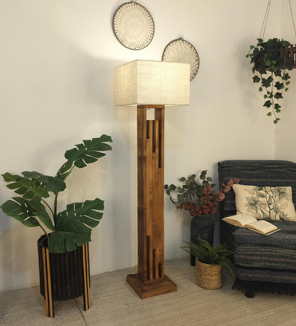 Heavy Wooden Floor Lamp with Brown Base and Jute Fabric Lampshade
