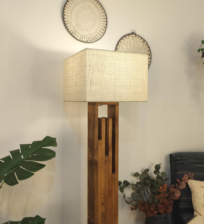 Heavy Wooden Floor Lamp with Brown Base and Jute Fabric Lampshade