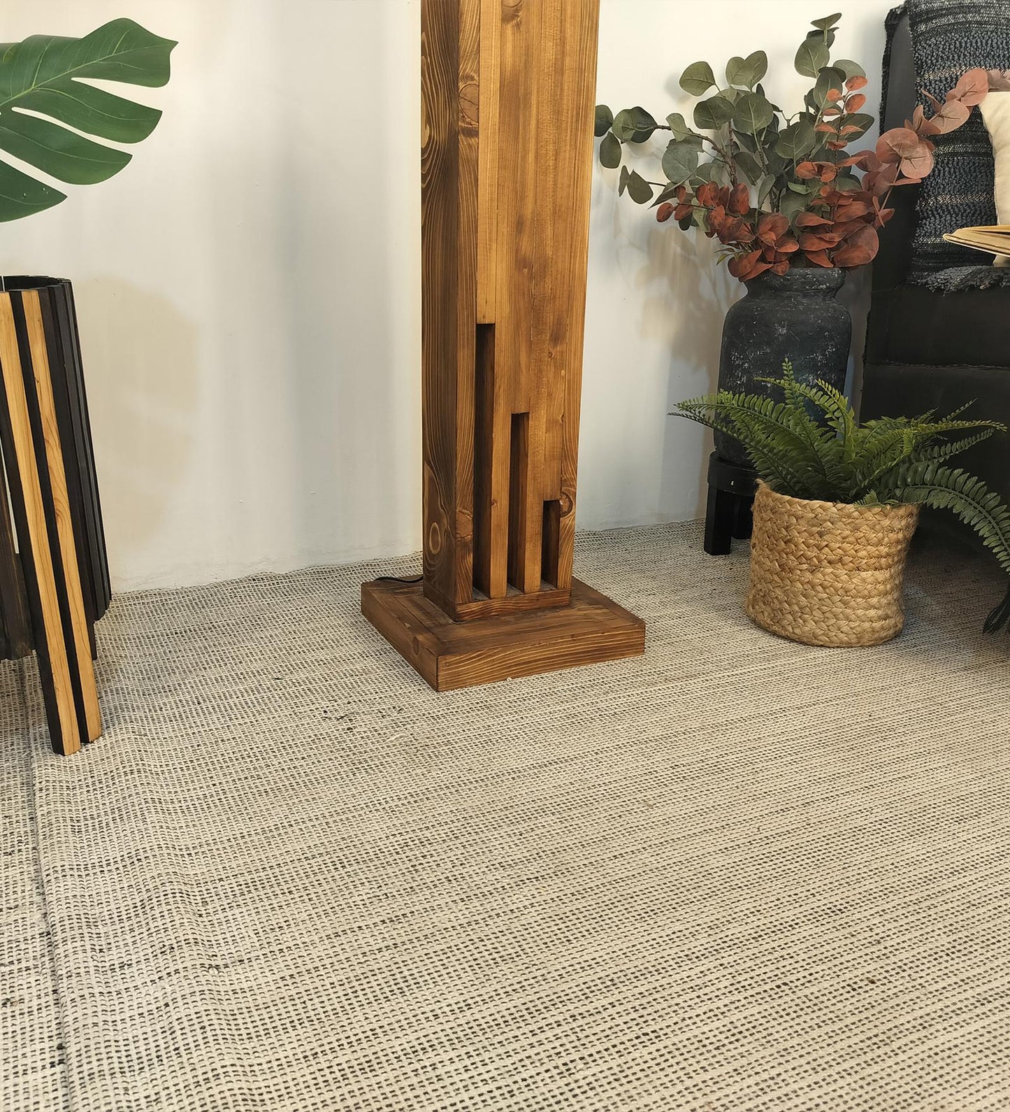 Heavy Wooden Floor Lamp with Brown Base and Jute Fabric Lampshade