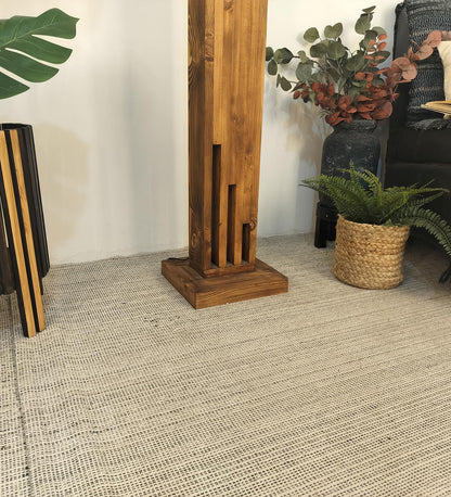 Heavy Wooden Floor Lamp with Brown Base and Jute Fabric Lampshade