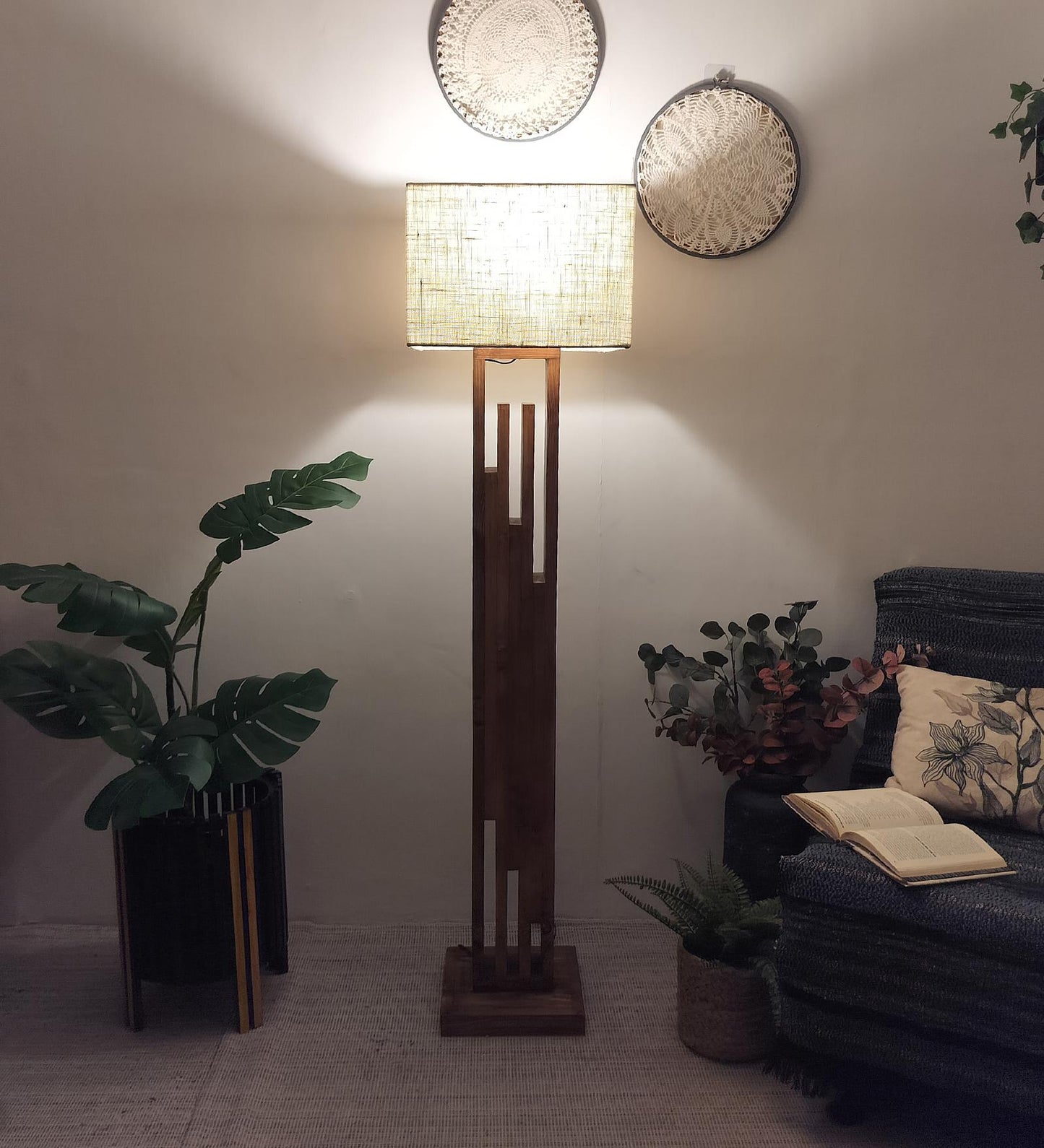 Heavy Wooden Floor Lamp with Brown Base and Jute Fabric Lampshade