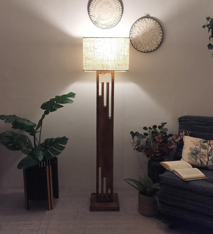 Heavy Wooden Floor Lamp with Brown Base and Jute Fabric Lampshade