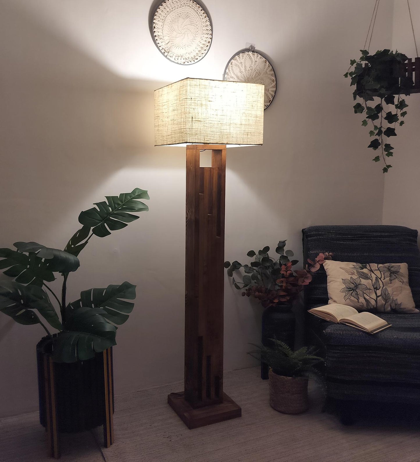 Heavy Wooden Floor Lamp with Brown Base and Jute Fabric Lampshade