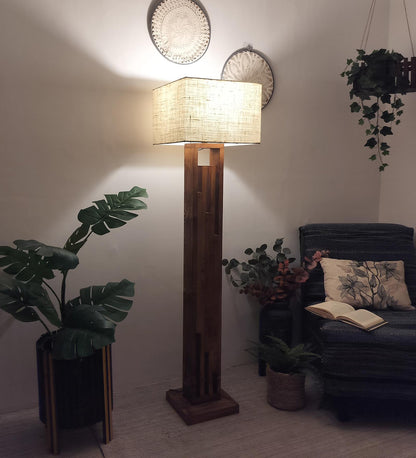Heavy Wooden Floor Lamp with Brown Base and Jute Fabric Lampshade