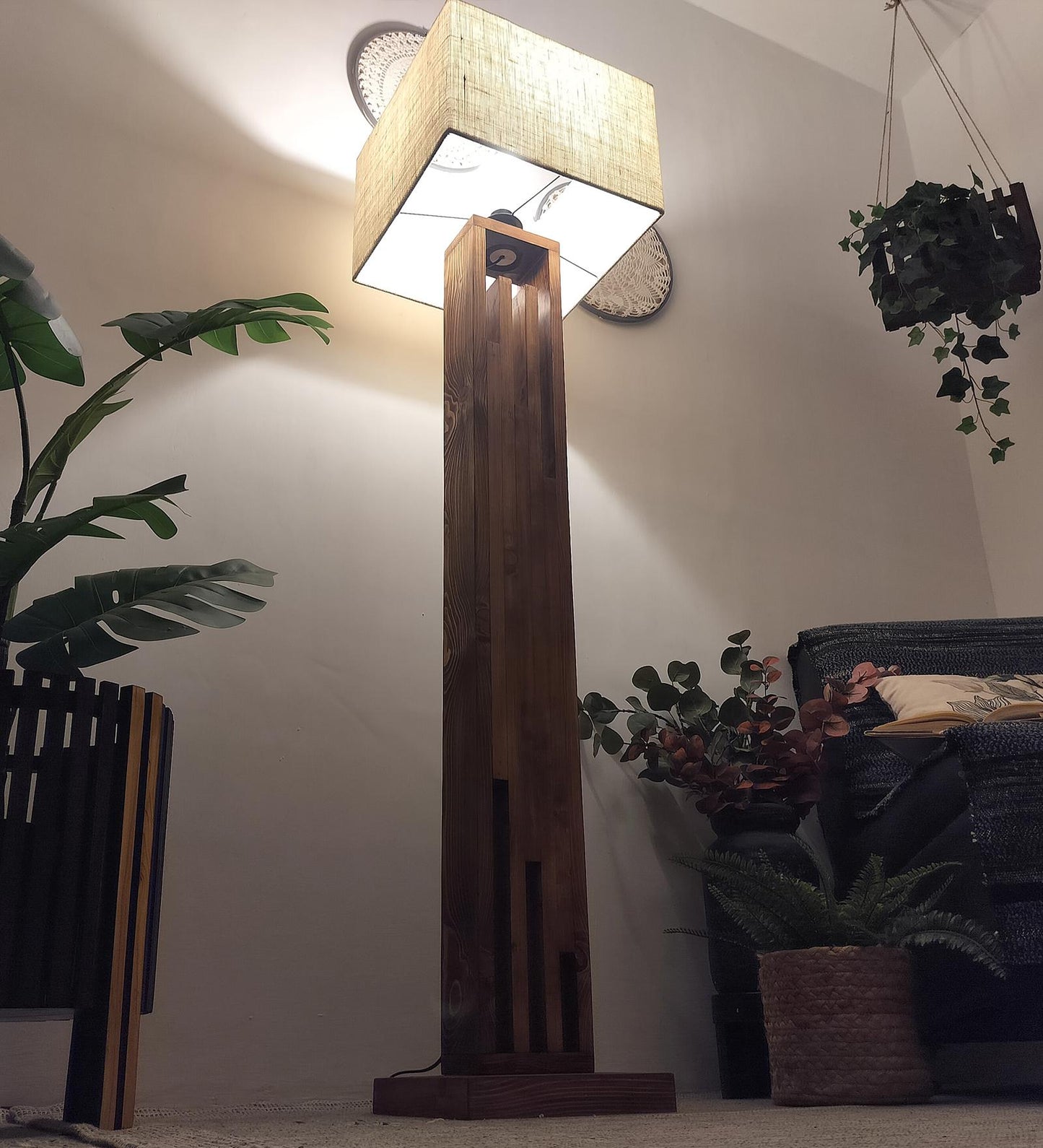 Heavy Wooden Floor Lamp with Brown Base and Jute Fabric Lampshade
