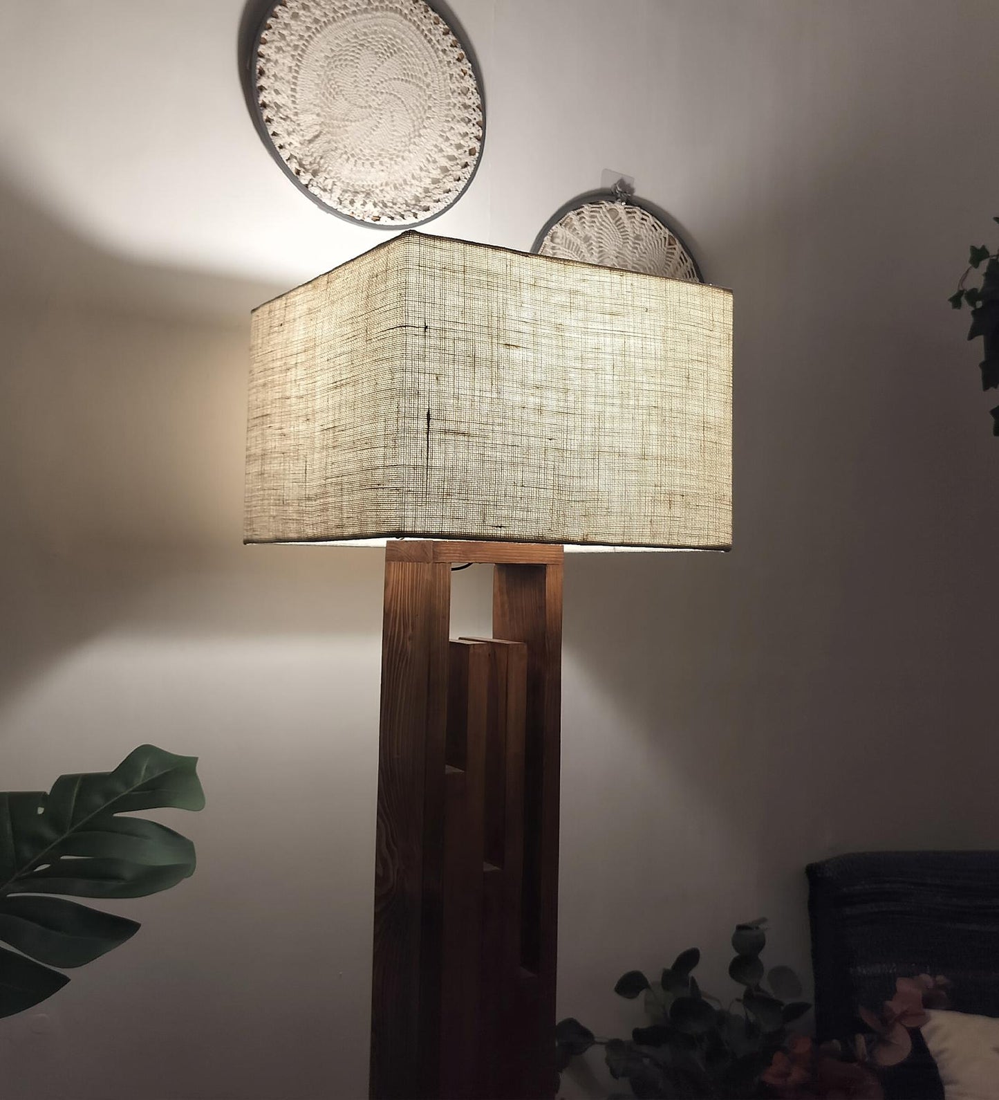 Heavy Wooden Floor Lamp with Brown Base and Jute Fabric Lampshade