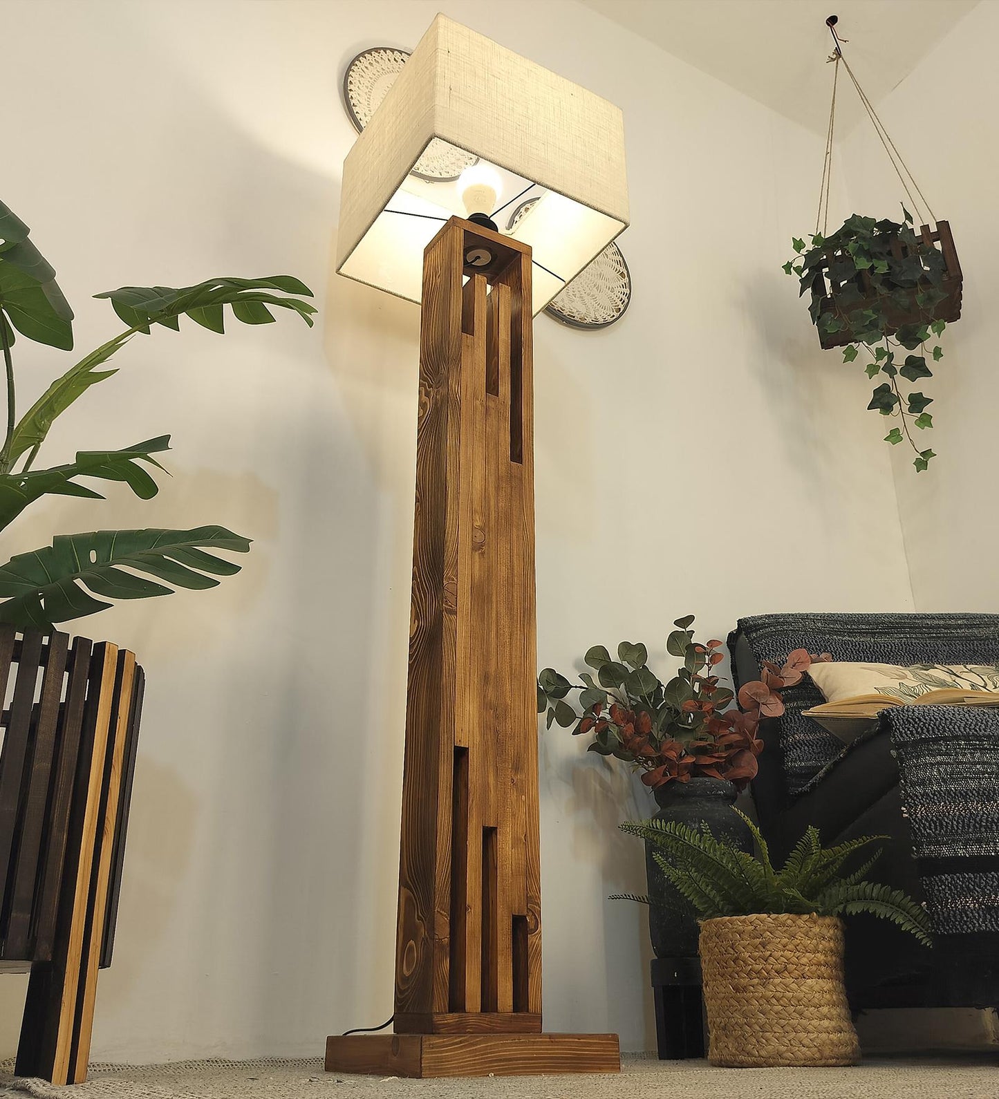 Heavy Wooden Floor Lamp with Brown Base and Jute Fabric Lampshade