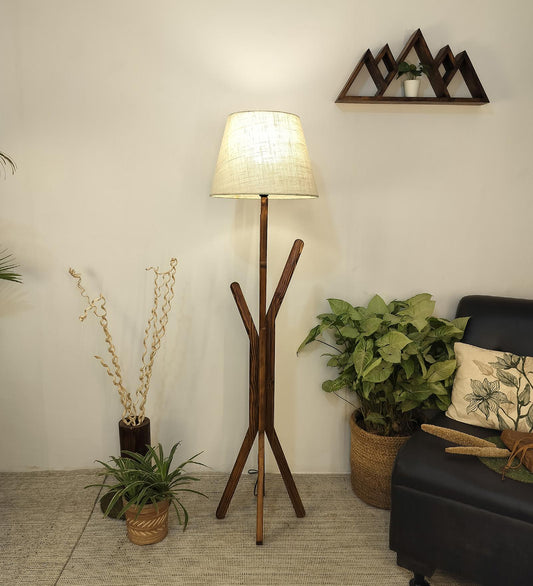 Cosmic Wooden Floor Lamp with Brown Base and Premium Beige Fabric Lampshade