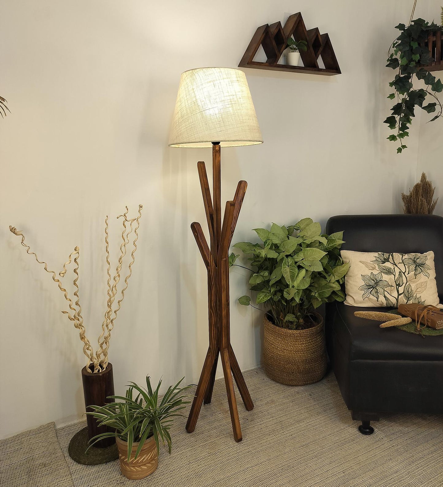 Cosmic Wooden Floor Lamp with Brown Base and Premium Beige Fabric Lampshade