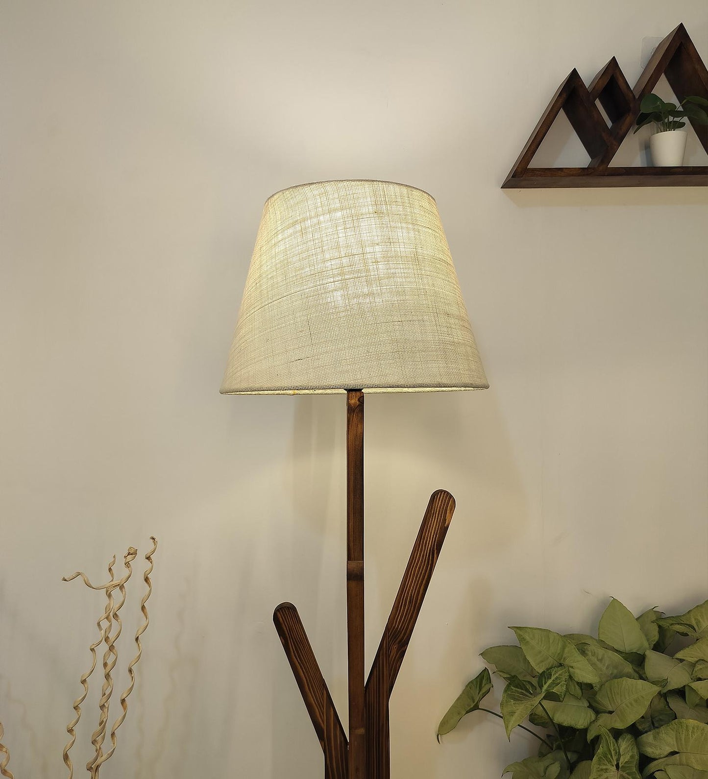 Cosmic Wooden Floor Lamp with Brown Base and Premium Beige Fabric Lampshade