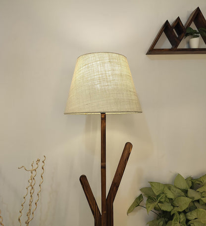 Cosmic Wooden Floor Lamp with Brown Base and Premium Beige Fabric Lampshade