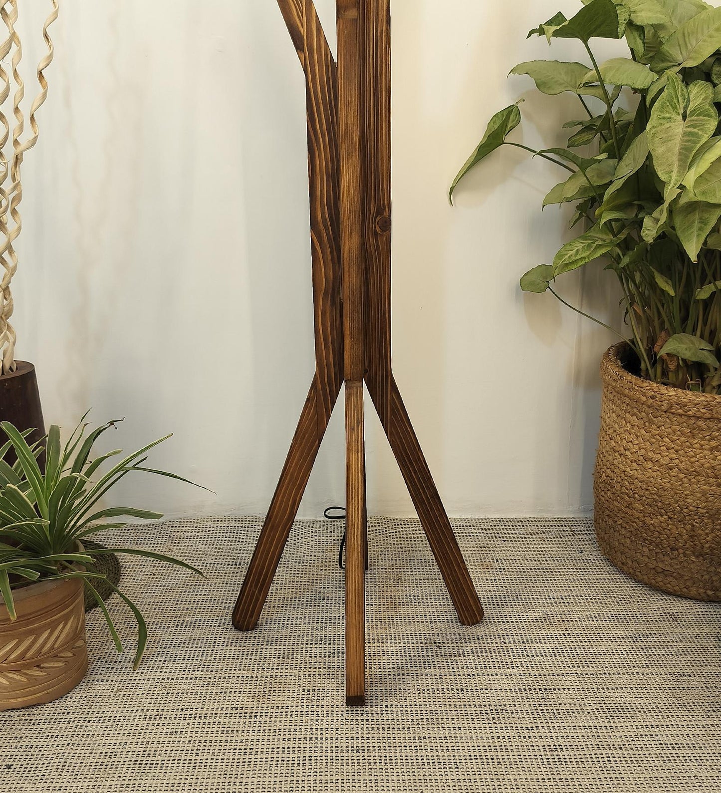 Cosmic Wooden Floor Lamp with Brown Base and Premium Beige Fabric Lampshade