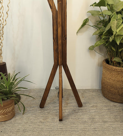Cosmic Wooden Floor Lamp with Brown Base and Premium Beige Fabric Lampshade