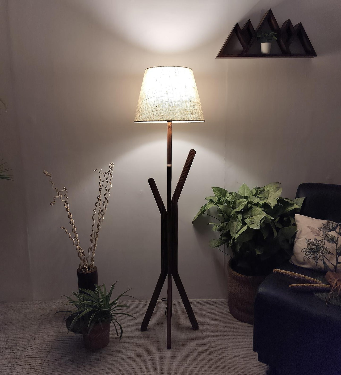 Cosmic Wooden Floor Lamp with Brown Base and Premium Beige Fabric Lampshade