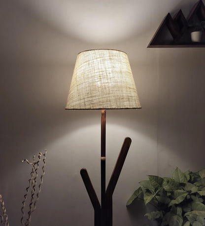 Cosmic Wooden Floor Lamp with Brown Base and Premium Beige Fabric Lampshade