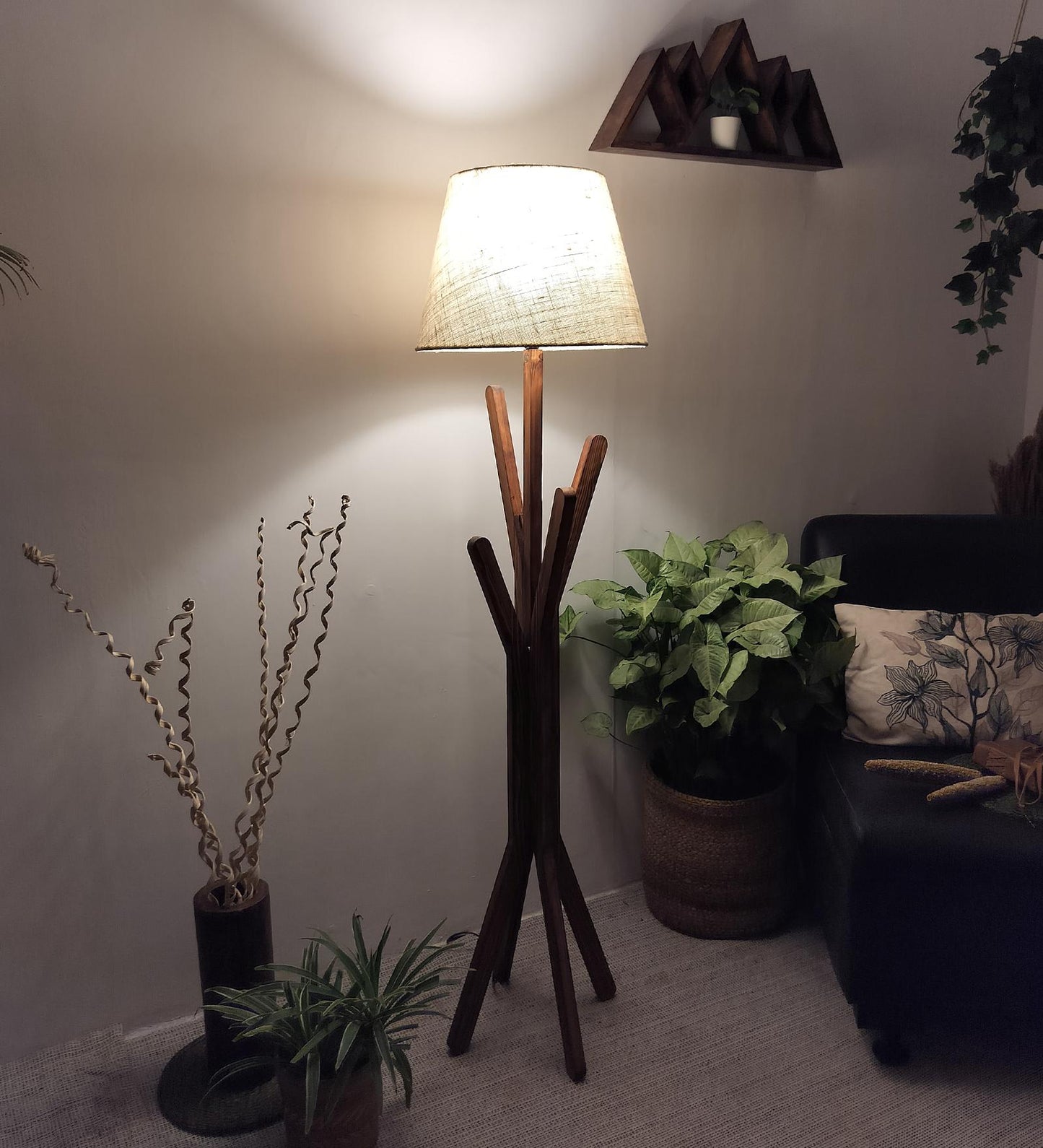 Cosmic Wooden Floor Lamp with Brown Base and Premium Beige Fabric Lampshade