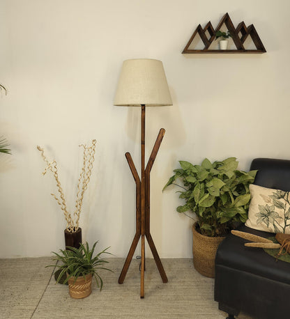 Cosmic Wooden Floor Lamp with Brown Base and Premium Beige Fabric Lampshade