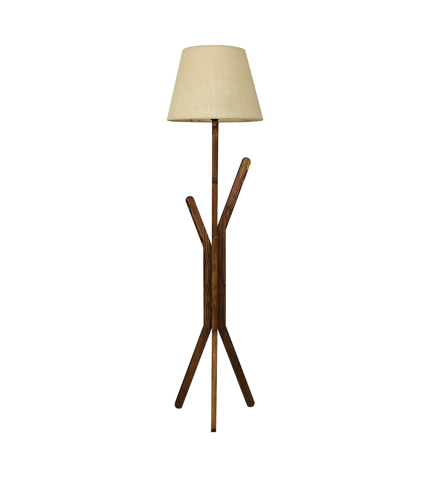 Cosmic Wooden Floor Lamp with Brown Base and Premium Beige Fabric Lampshade