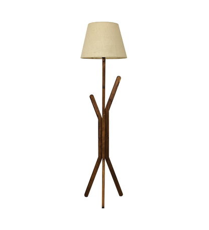 Cosmic Wooden Floor Lamp with Brown Base and Premium Beige Fabric Lampshade