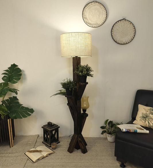 Eat Wooden Floor Lamp with Brown Base and Jute Fabric Lampshade