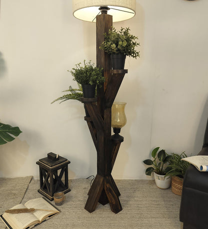 Eat Wooden Floor Lamp with Brown Base and Jute Fabric Lampshade