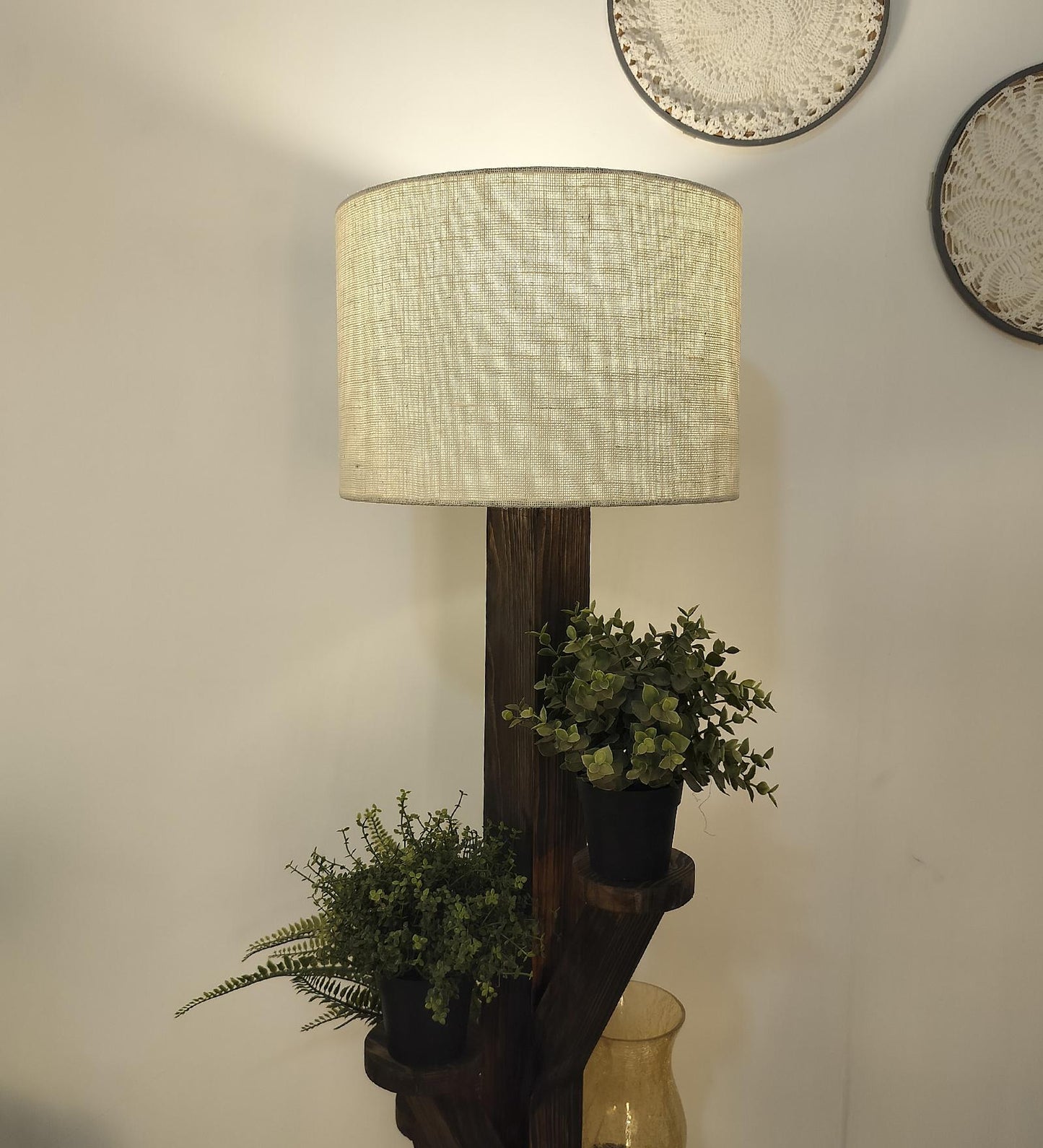 Eat Wooden Floor Lamp with Brown Base and Jute Fabric Lampshade