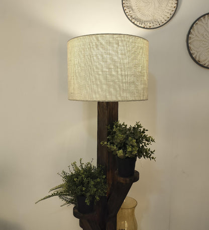Eat Wooden Floor Lamp with Brown Base and Jute Fabric Lampshade