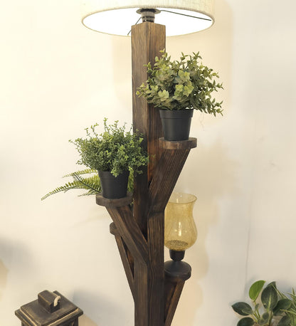 Eat Wooden Floor Lamp with Brown Base and Jute Fabric Lampshade