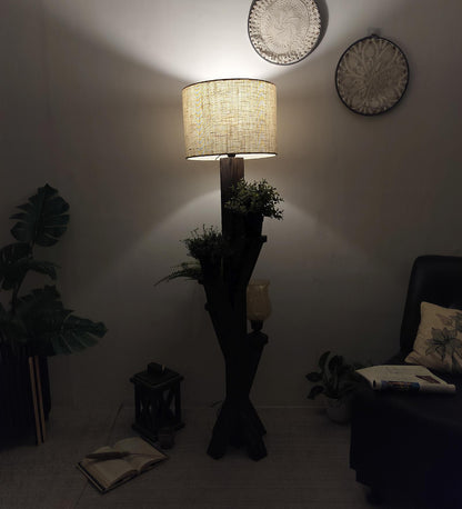 Eat Wooden Floor Lamp with Brown Base and Jute Fabric Lampshade