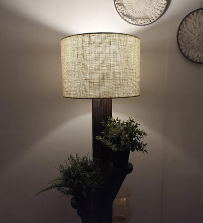 Eat Wooden Floor Lamp with Brown Base and Jute Fabric Lampshade