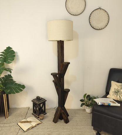 Eat Wooden Floor Lamp with Brown Base and Jute Fabric Lampshade