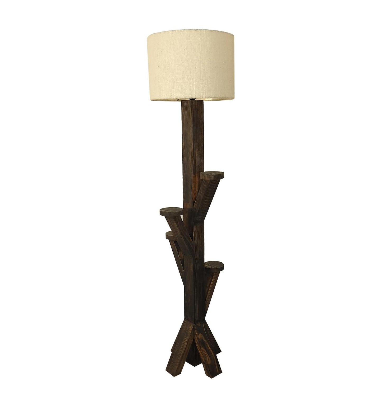 Eat Wooden Floor Lamp with Brown Base and Jute Fabric Lampshade