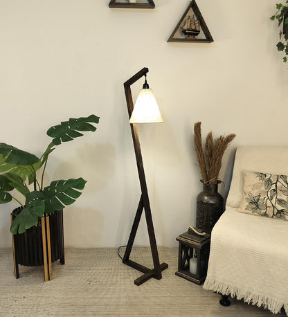 Play Wooden Floor Lamp with Brown Base and Beige Fabric Lampshade