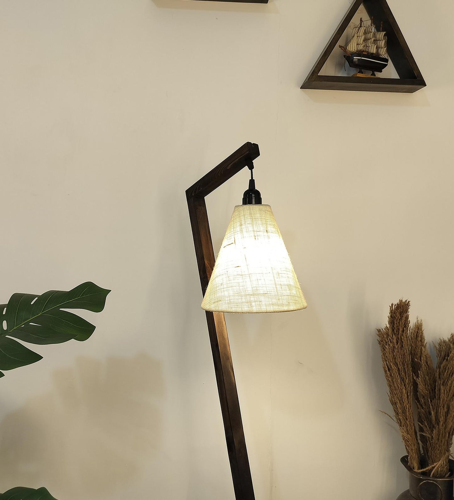 Play Wooden Floor Lamp with Brown Base and Beige Fabric Lampshade
