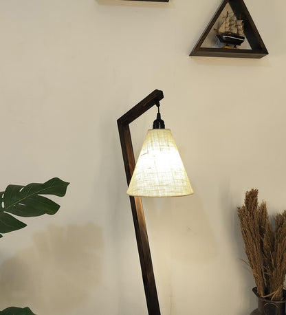 Play Wooden Floor Lamp with Brown Base and Beige Fabric Lampshade