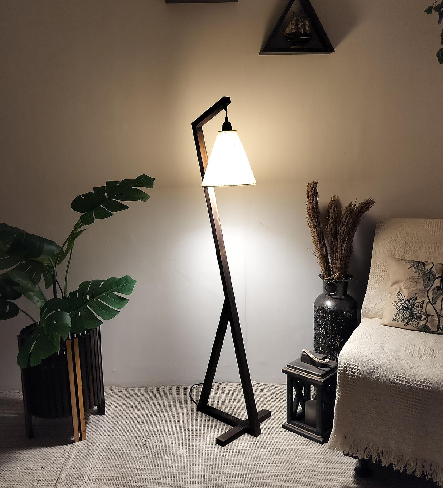 Play Wooden Floor Lamp with Brown Base and Beige Fabric Lampshade