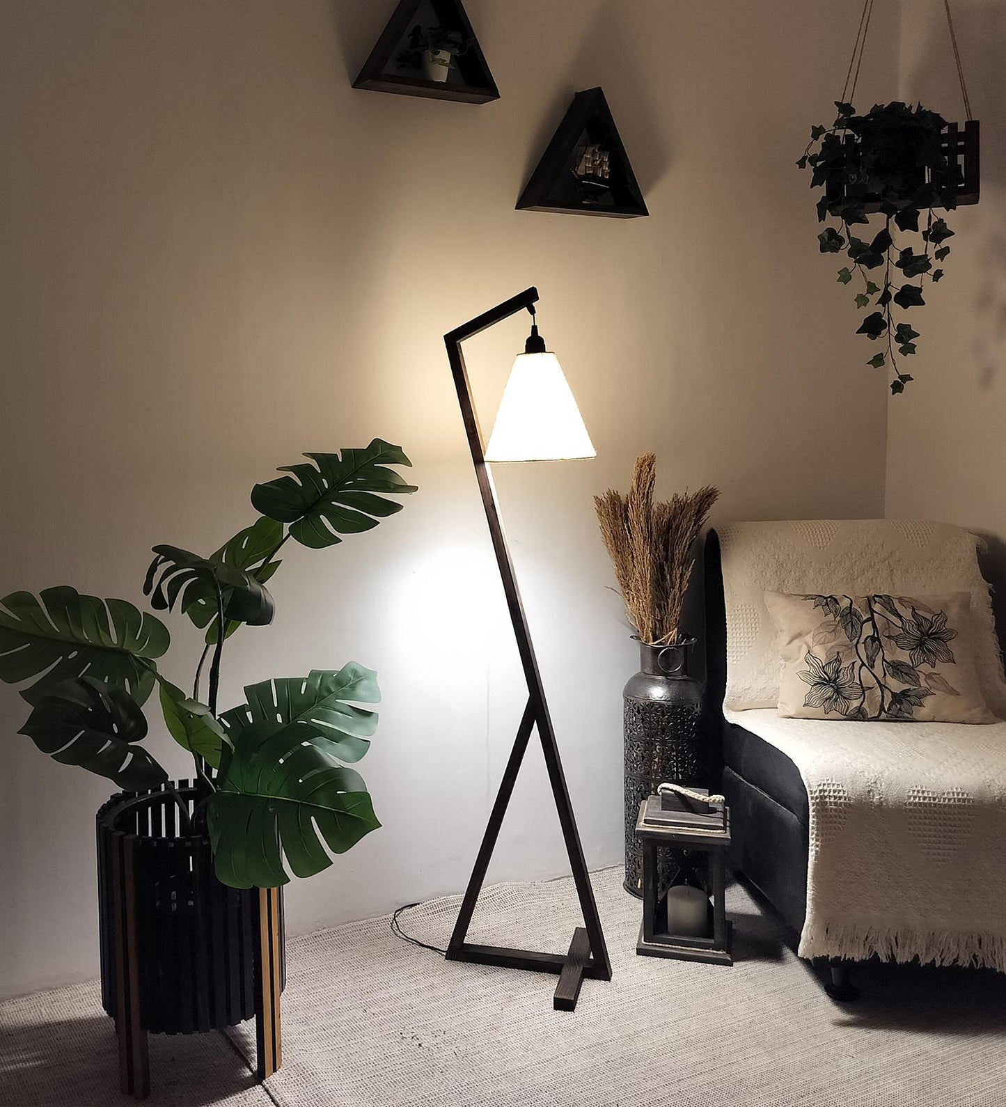 Play Wooden Floor Lamp with Brown Base and Beige Fabric Lampshade