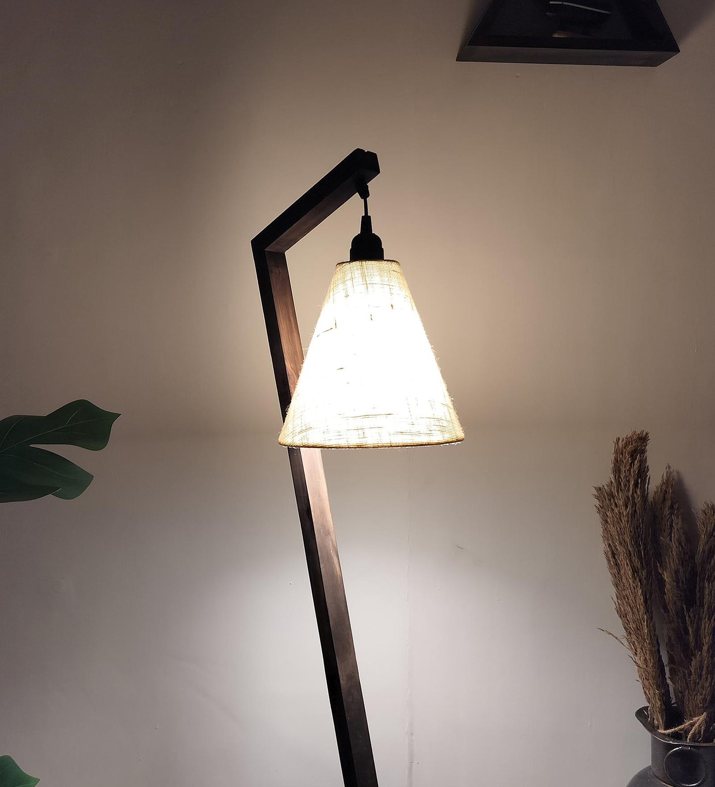 Play Wooden Floor Lamp with Brown Base and Beige Fabric Lampshade
