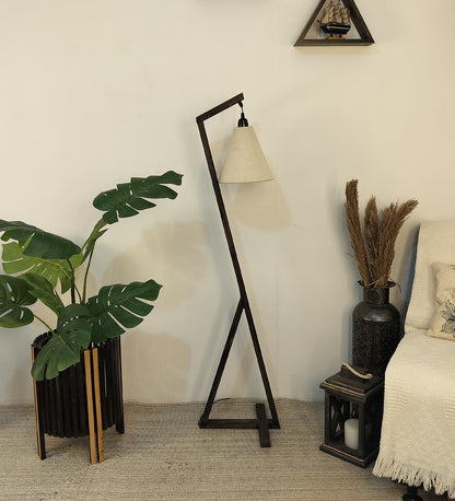 Play Wooden Floor Lamp with Brown Base and Beige Fabric Lampshade