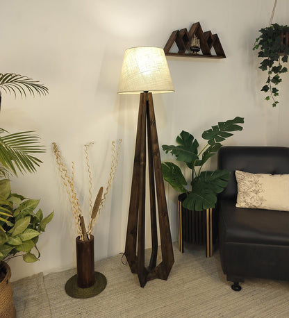 Mind Wooden Floor Lamp with Brown Base and Jute Fabric Lampshade