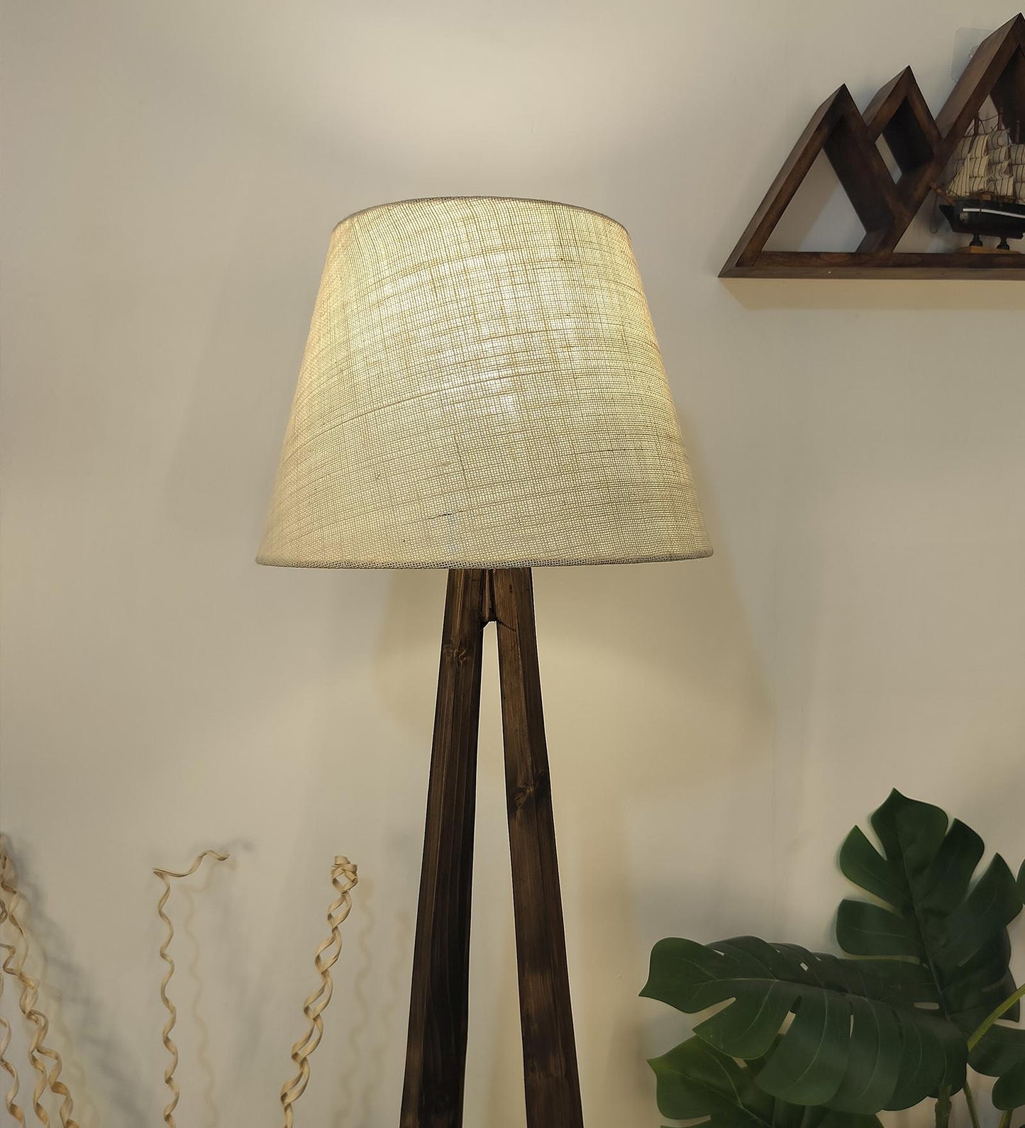 Mind Wooden Floor Lamp with Brown Base and Jute Fabric Lampshade