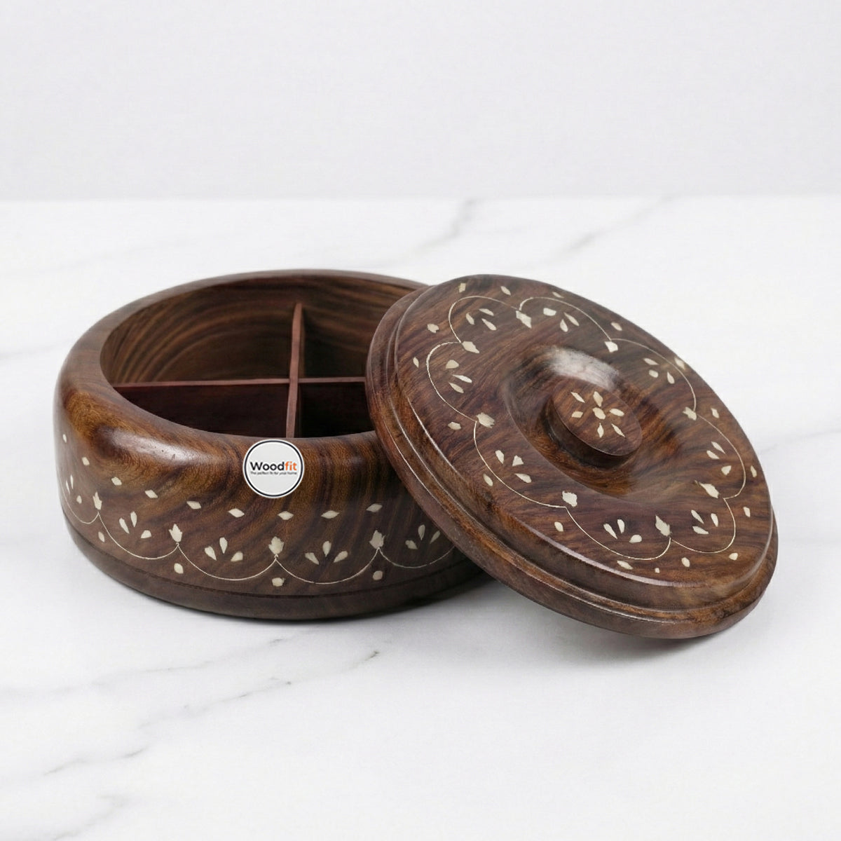 Solid Sheesham Wood Multi-Purpose Masala & Dry Fruit Box with Floral Inlay Work
