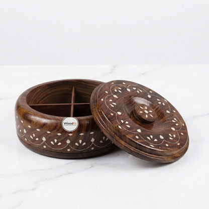 Solid Sheesham Wood Multi-Purpose Masala & Dry Fruit Box with Floral Inlay Work