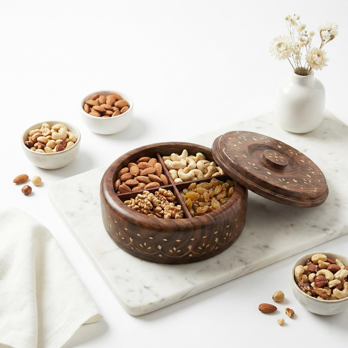 Solid Sheesham Wood Multi-Purpose Masala & Dry Fruit Box with Floral Inlay Work